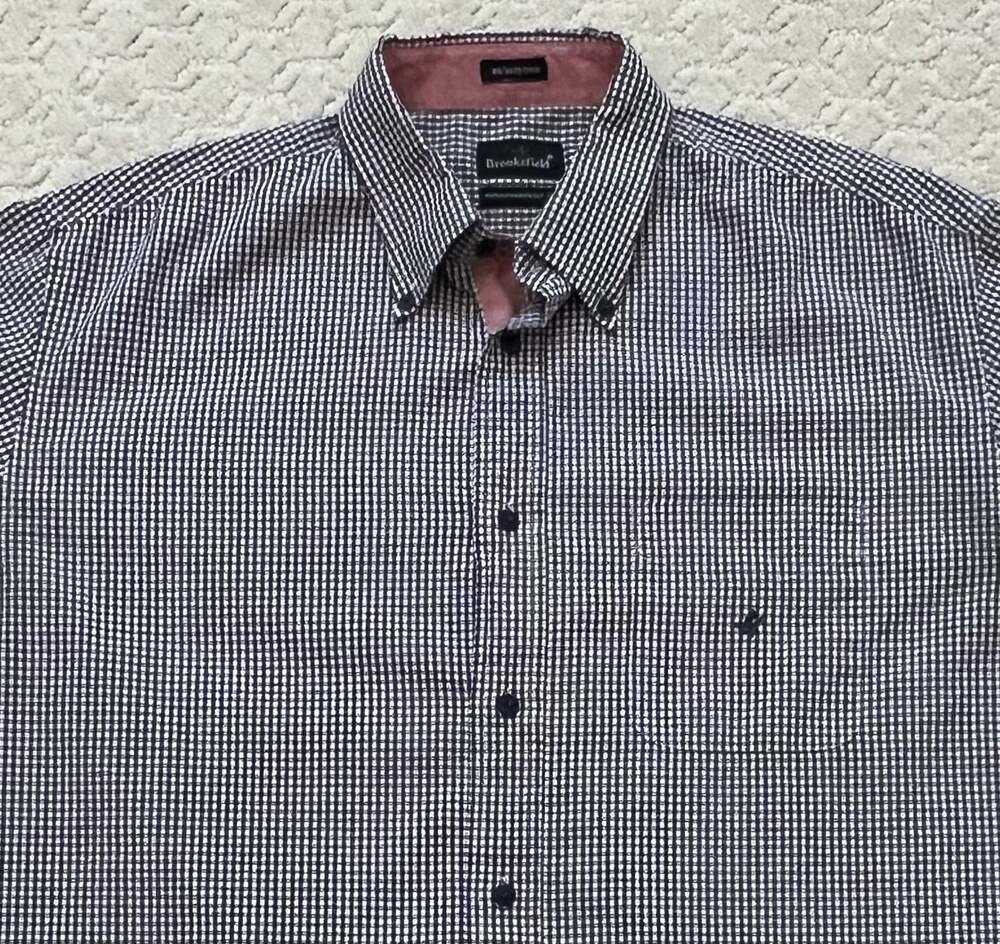 Brooksfield Men's Navy Blue Gingham Check Button Down Shirt Size XL